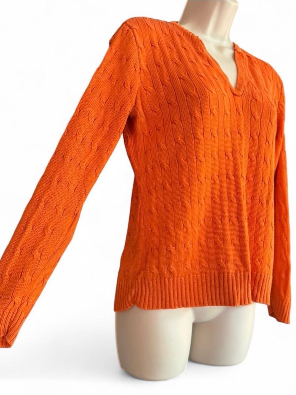 Ralph Lauren Orange Silk Cable-Knit V-Neck Classic Preppy Sweater Large